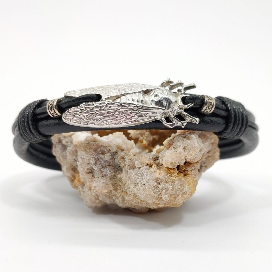 Cicada bracelet on black leather cord