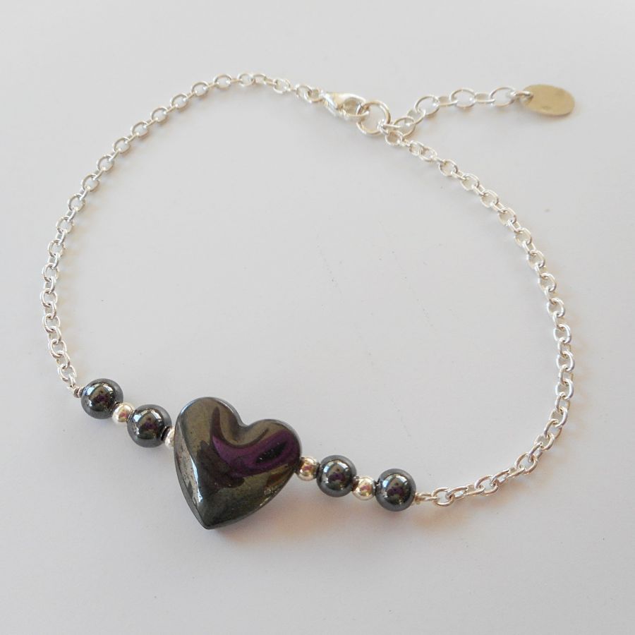 Hematite stone heart bracelet on 925 silver chain