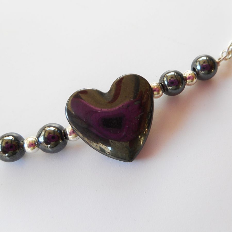 Hematite stone heart bracelet on 925 silver chain