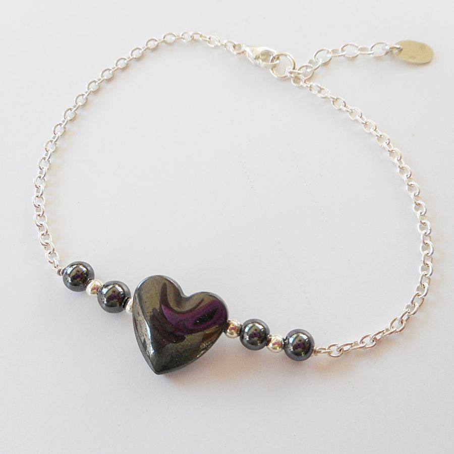 Hematite stone heart bracelet on 925 silver chain