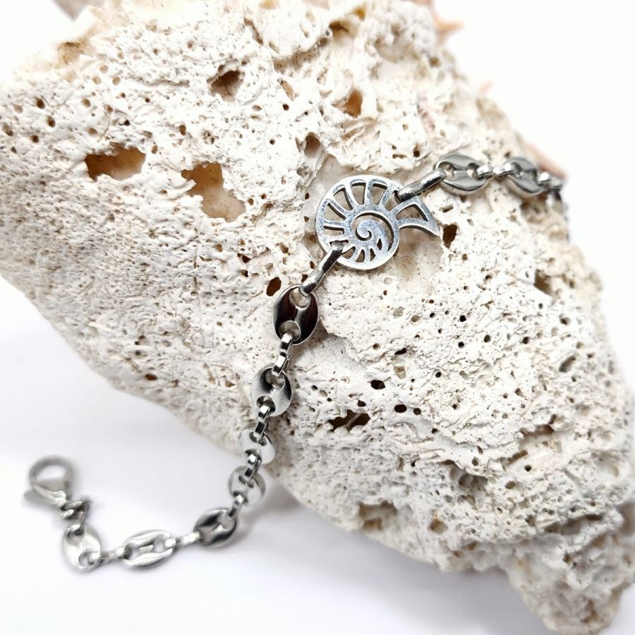 Seashell bracelet on steel coffee bean chain 