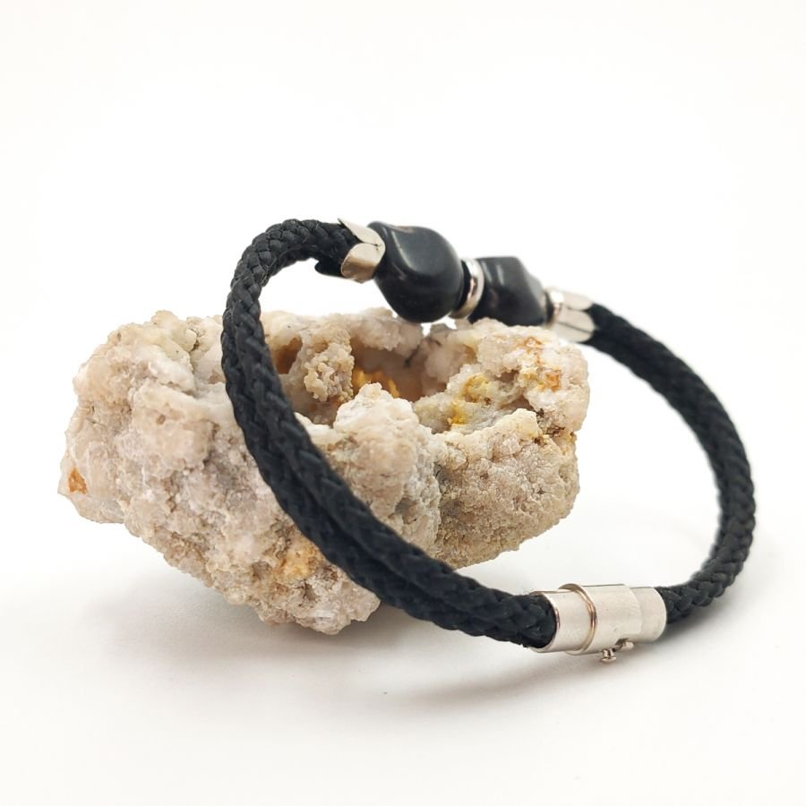 Black stone skull and crossbones bracelet on double rope