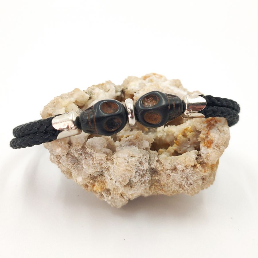 Black stone skull and crossbones bracelet on double rope