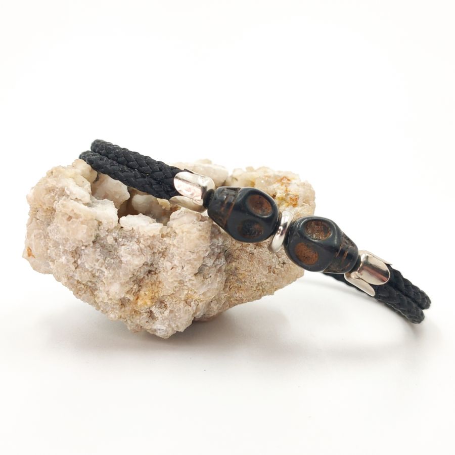 Black stone skull and crossbones bracelet on double rope