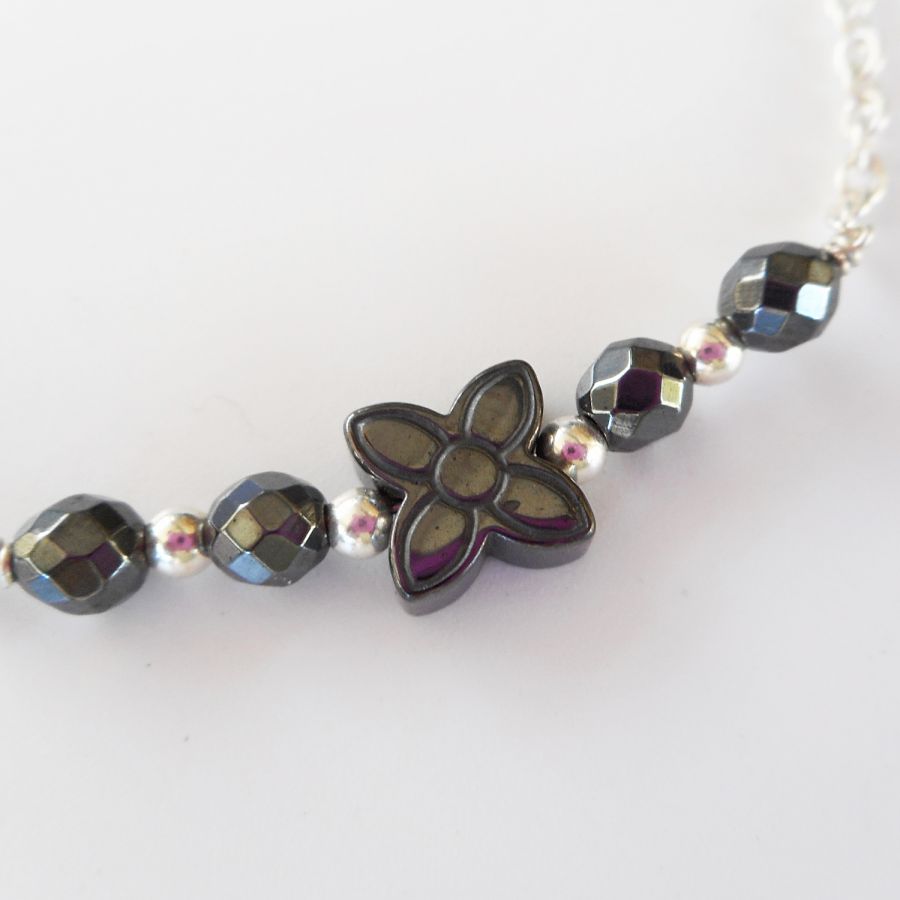 Hematite stone flower bracelet on 925 silver chain