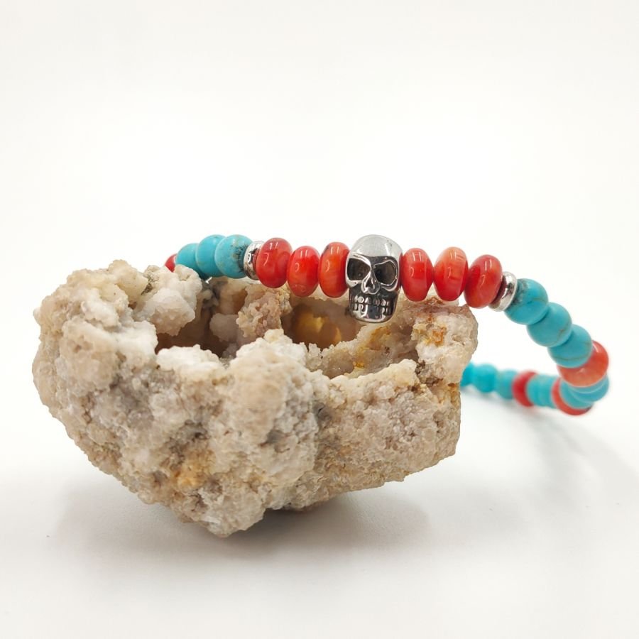 Gorgon and turquoise bracelet with stainless steel skull