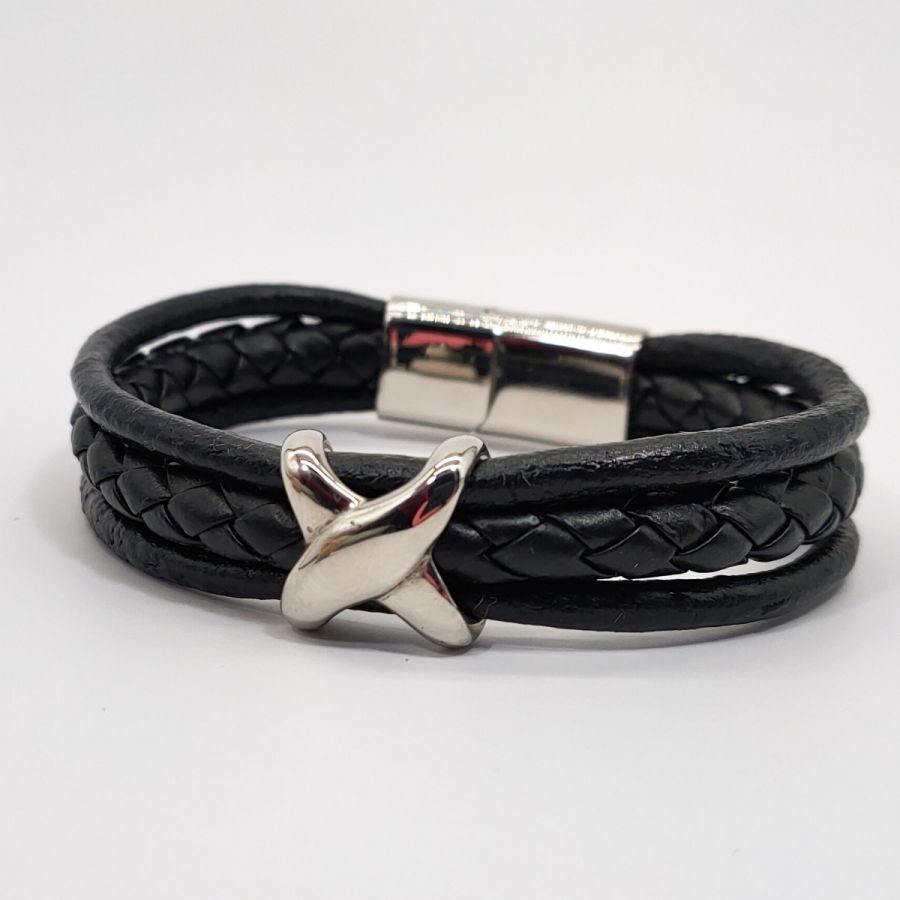 Men's X stainless steel bracelet on black leather