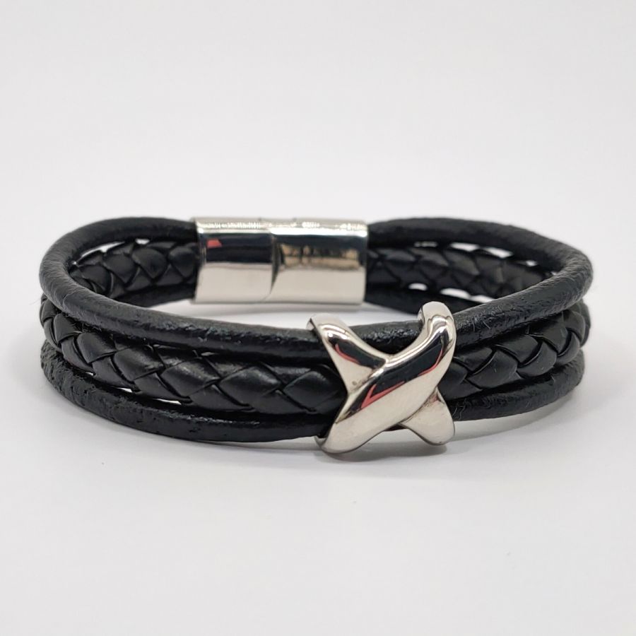 Men's X stainless steel bracelet on black leather