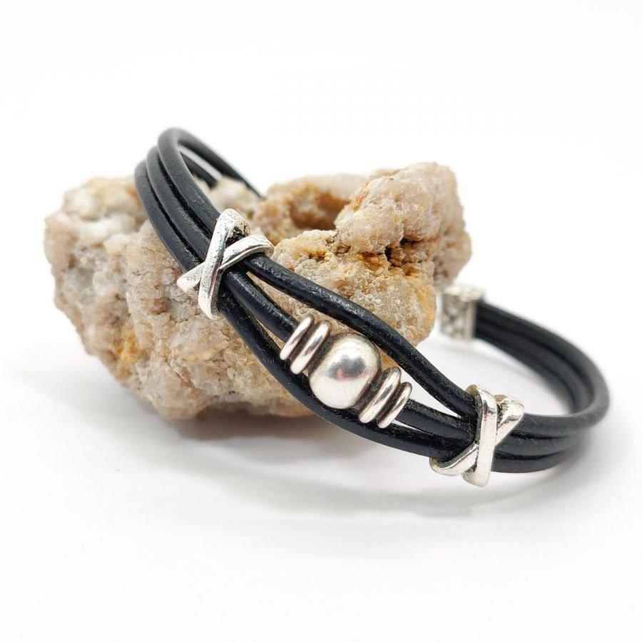 Men's bracelet black leather multi-ranks with silver metal bead