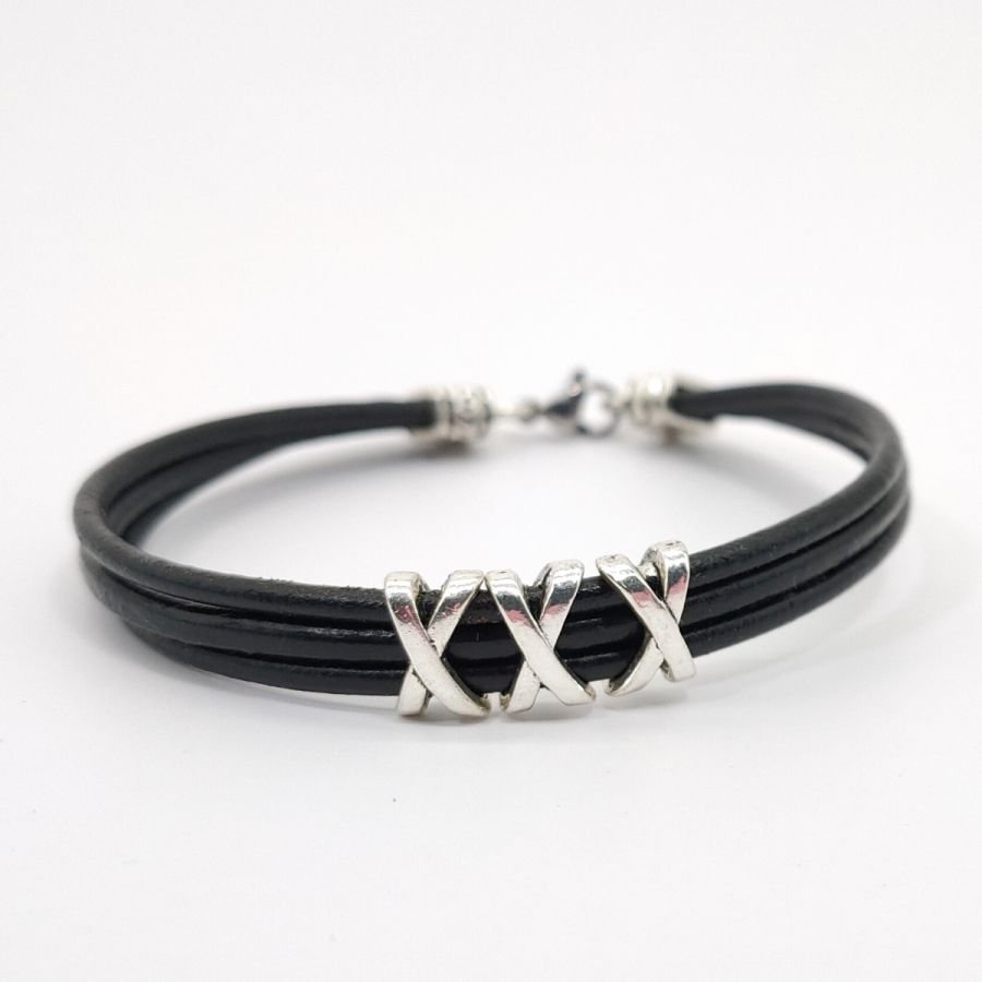 Men's bracelet black leather multi-ranks with pearl XXX