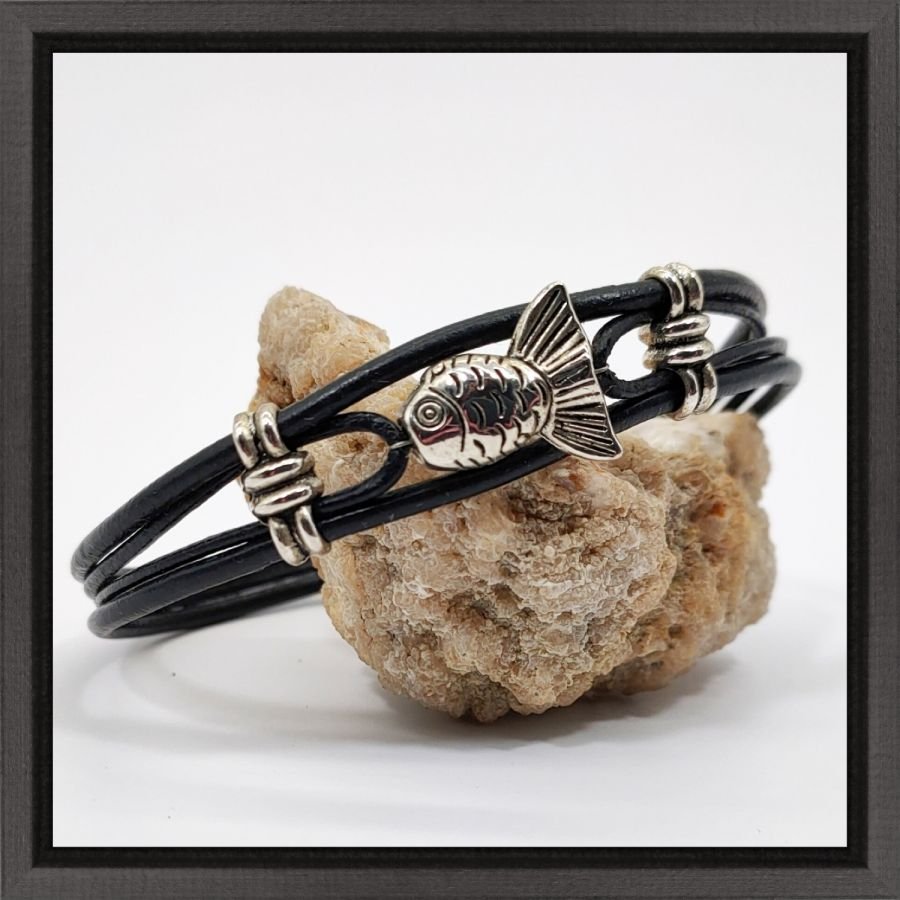 Men's bracelet black leather multi-ranks with silver metal fish