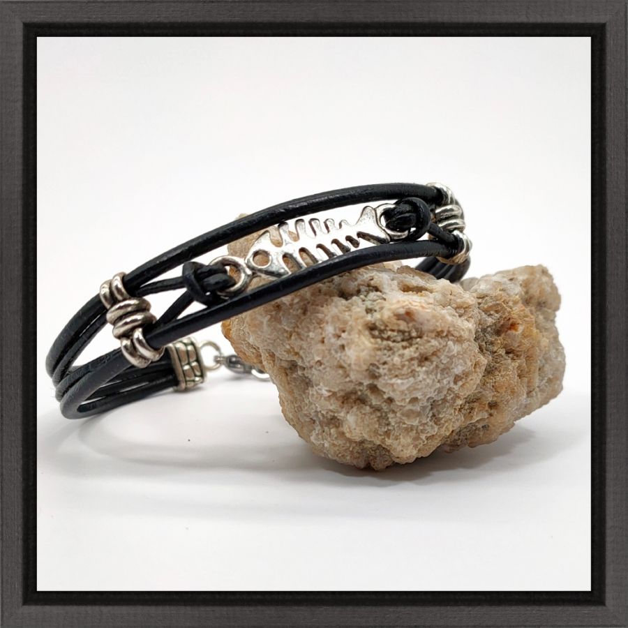 Men's bracelet black leather multi-ranks with silver metal fishbone