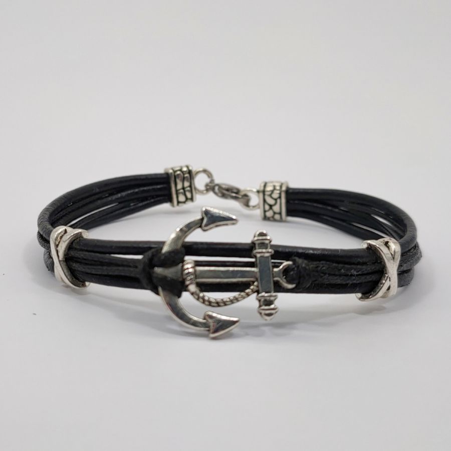 Men's black leather bracelet with silver metal anchor