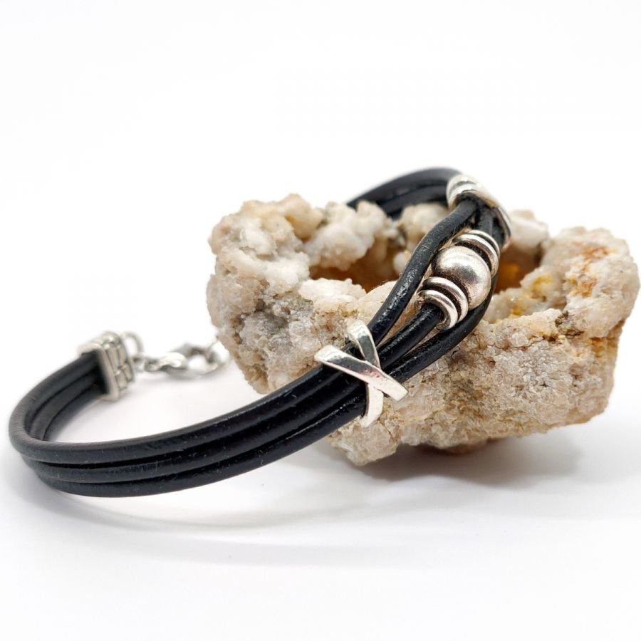 Men's bracelet black leather multi-ranks with silver metal bead