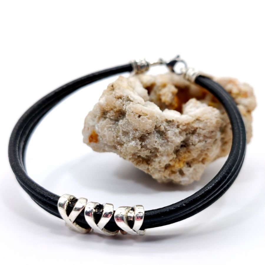 Men's bracelet black leather multi-ranks with pearl XXX