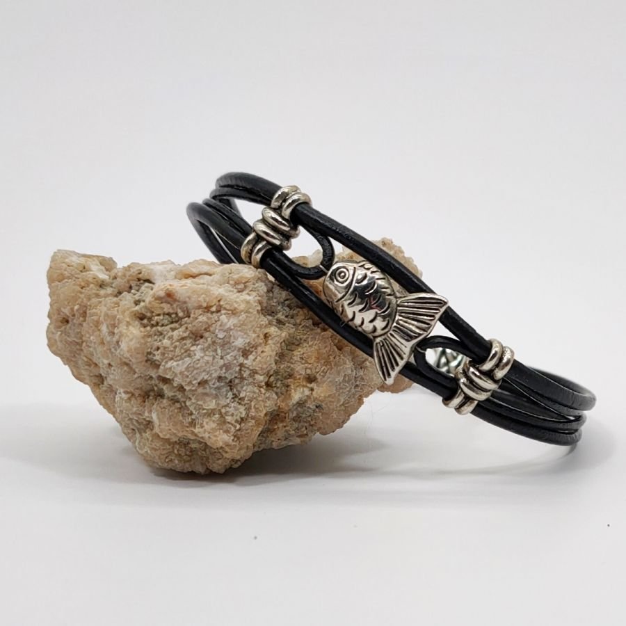 Men's bracelet black leather multi-ranks with silver metal fish