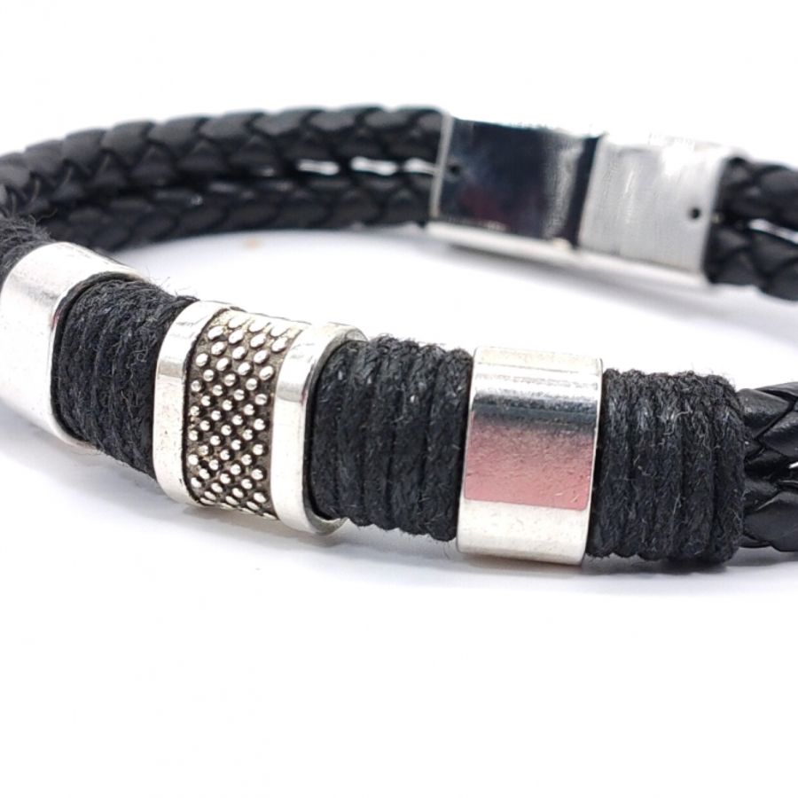 Men's bracelet 3 loops and rope on black leather