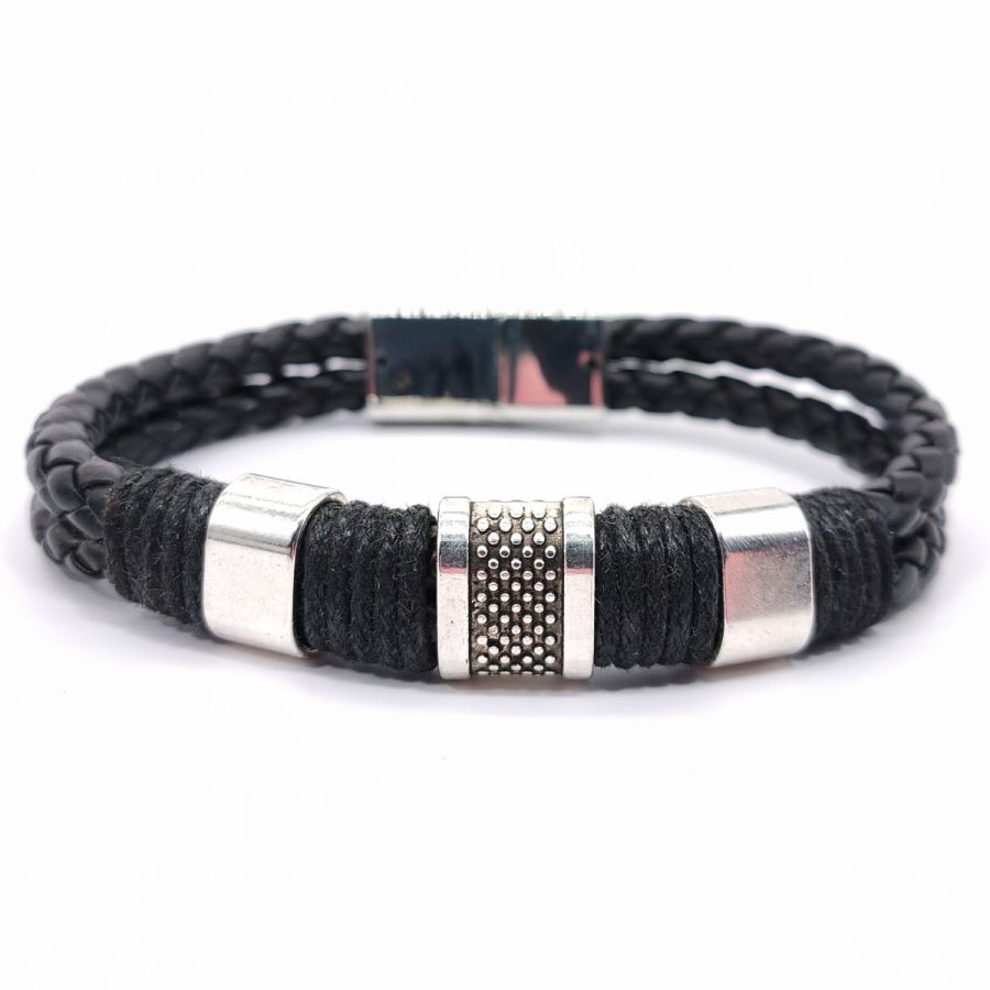 Men's bracelet 3 loops and rope on black leather