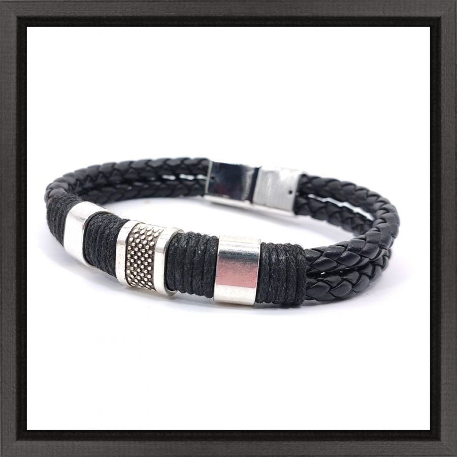 Men's bracelet 3 loops and rope on black leather