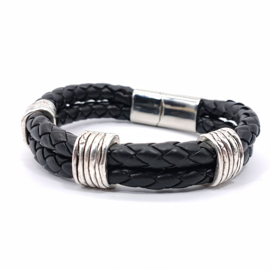 Men's bracelet 3 loops on double row of black leather