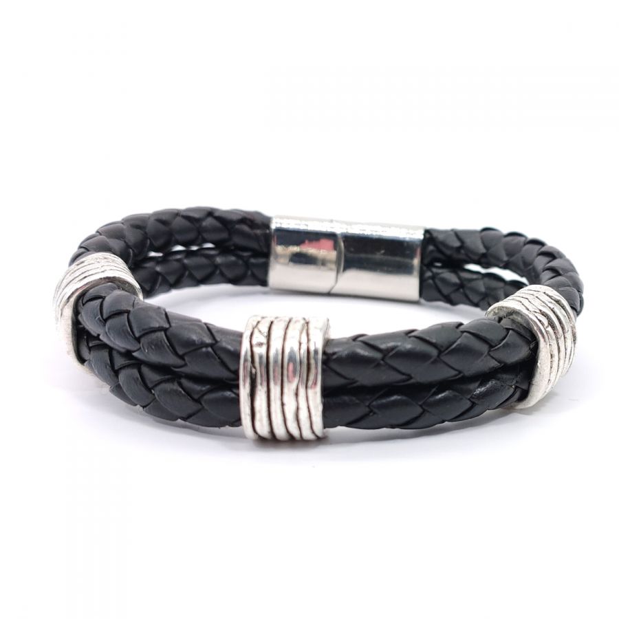 Men's bracelet 3 loops on double row of black leather