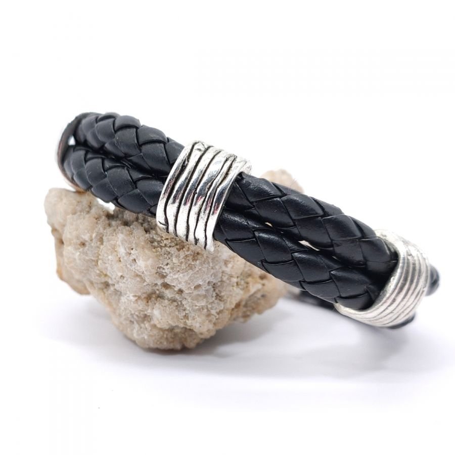 Men's bracelet 3 loops on double row of black leather