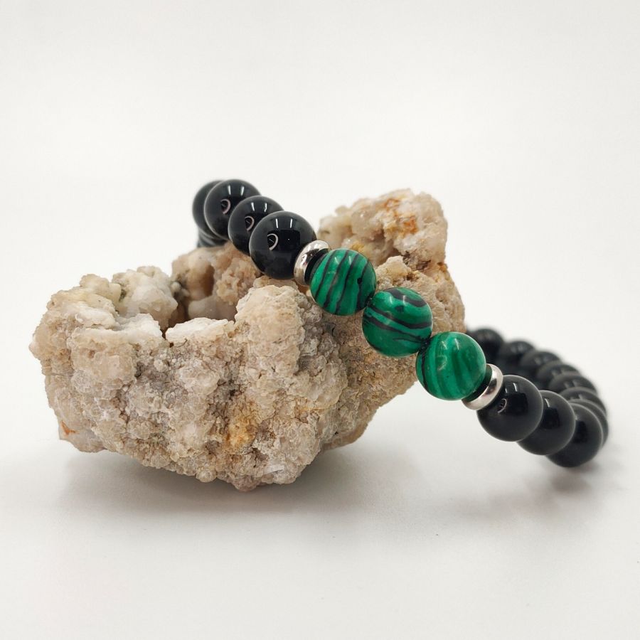 Malachite stone bracelet with onyx and stainless steel beads