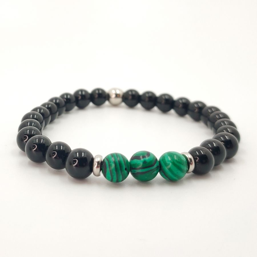 Malachite stone bracelet with onyx and stainless steel beads