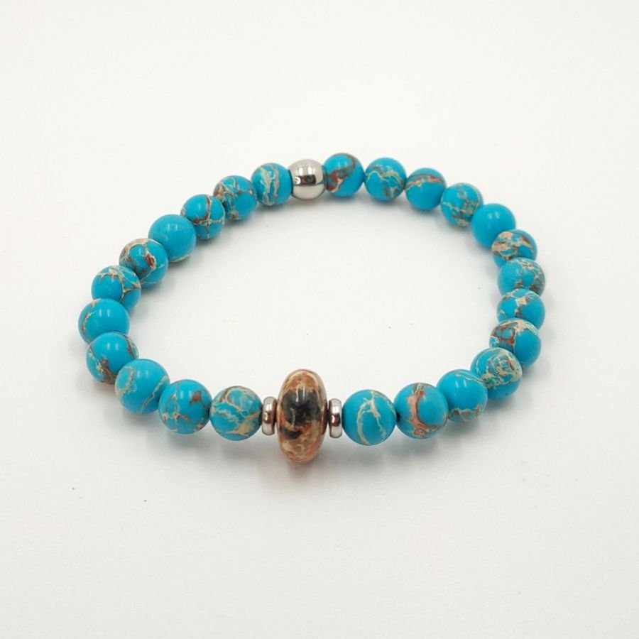 Men's bracelet with brown jasper and amazonite stones and stainless steel