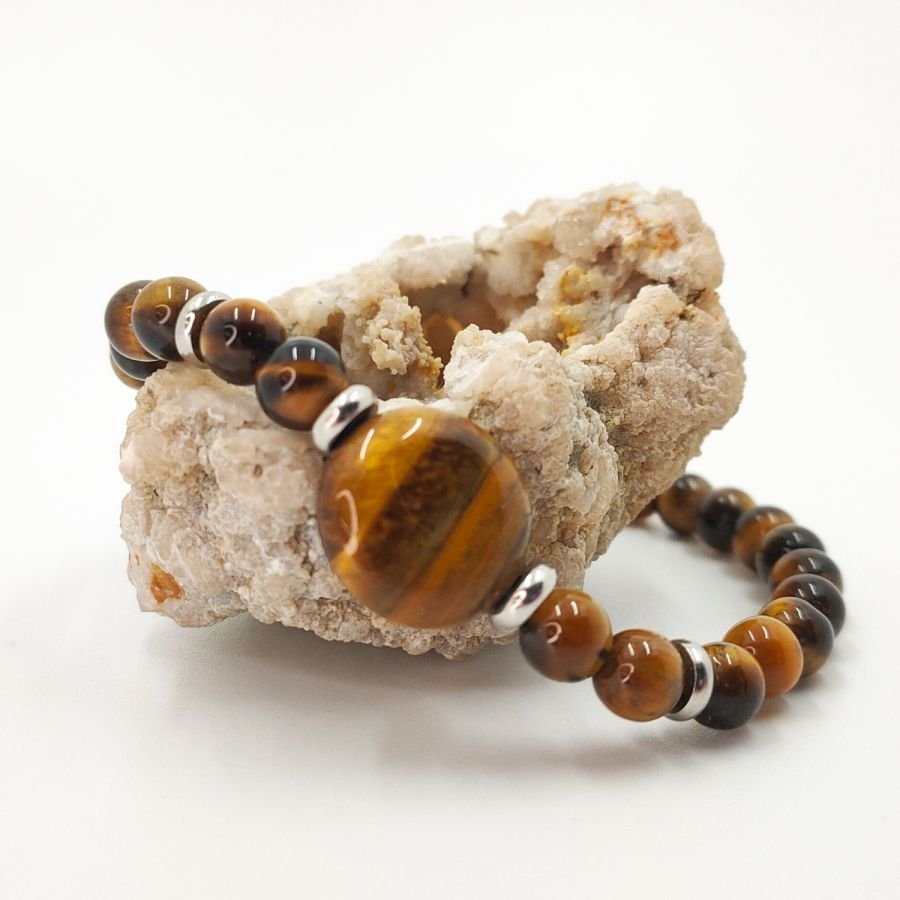 Man bracelet with tiger eye stones and stainless steel 