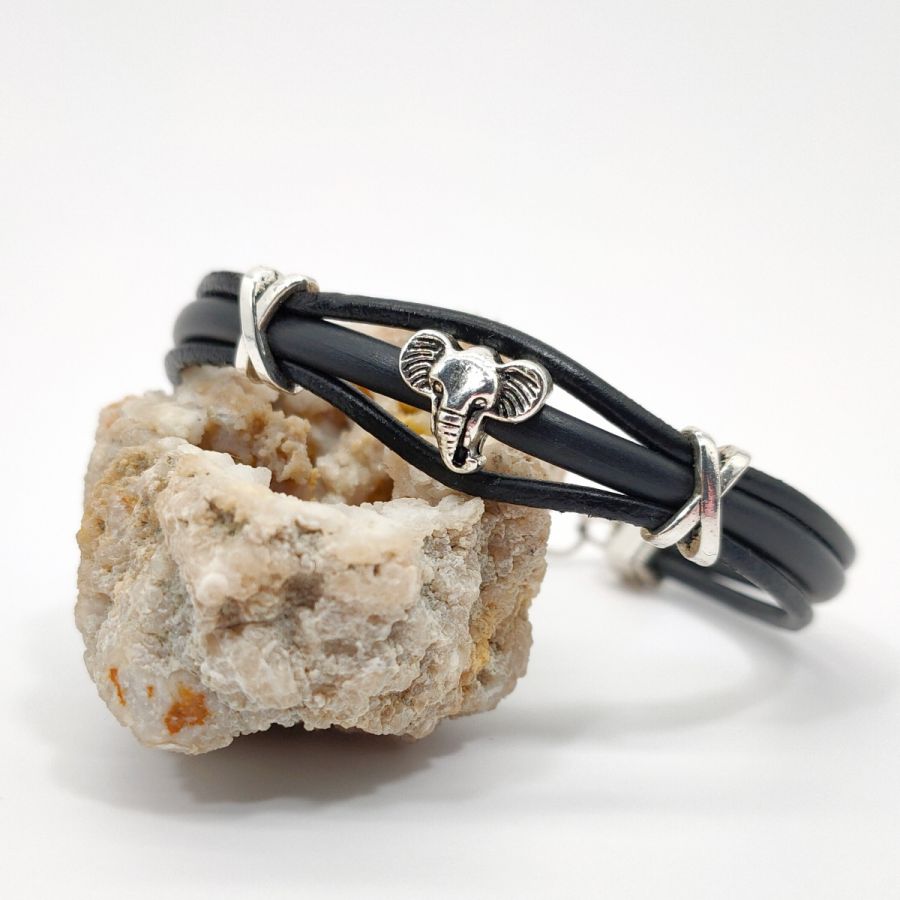 Elephant bracelet on black leather cords