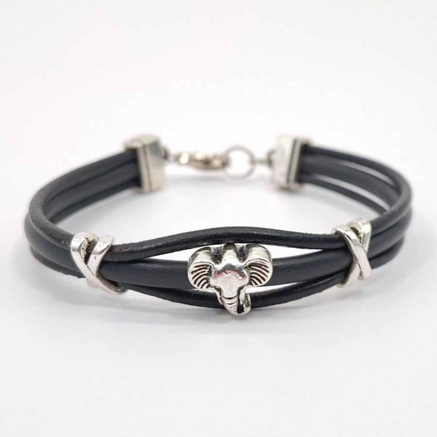 Elephant bracelet on black leather cords