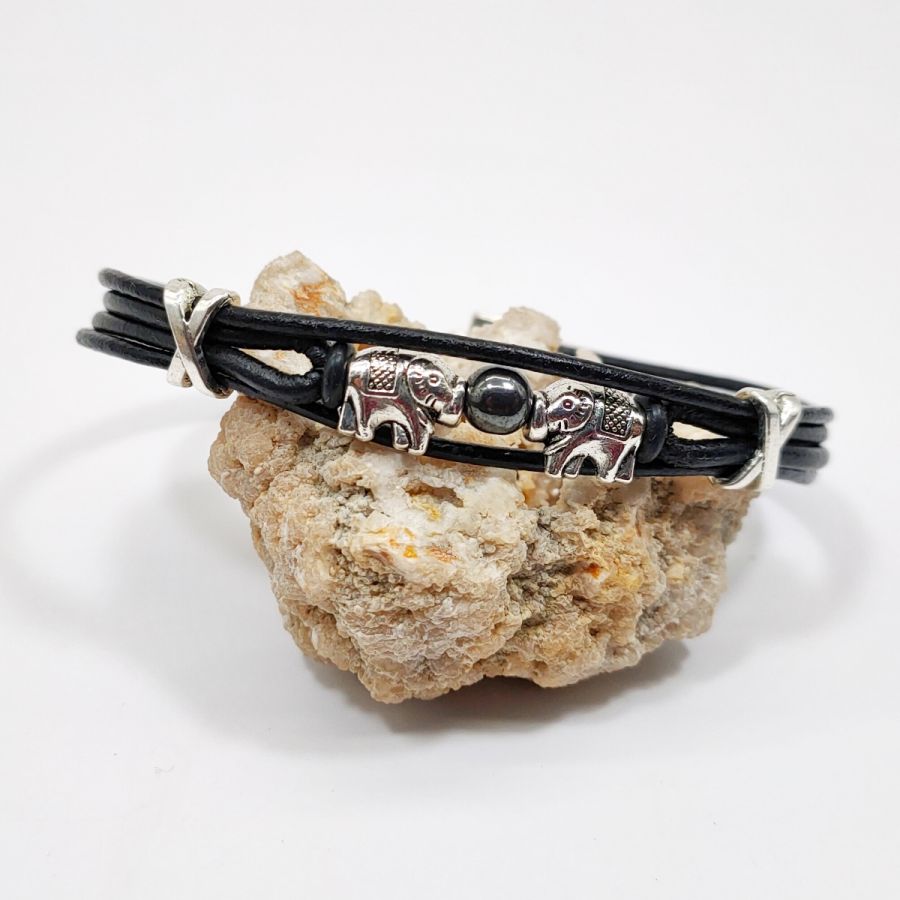 Elephants bracelet with stone on black leather cords 