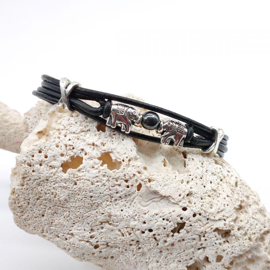 Elephants bracelet with stone on black leather cords 