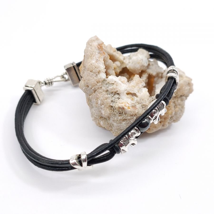 Elephants bracelet with stone on black leather cords 