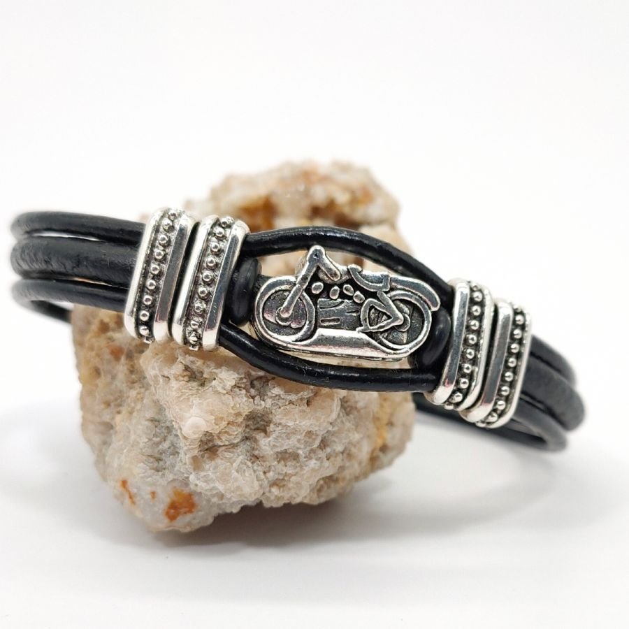 Motorcycle bracelet on black leather cords