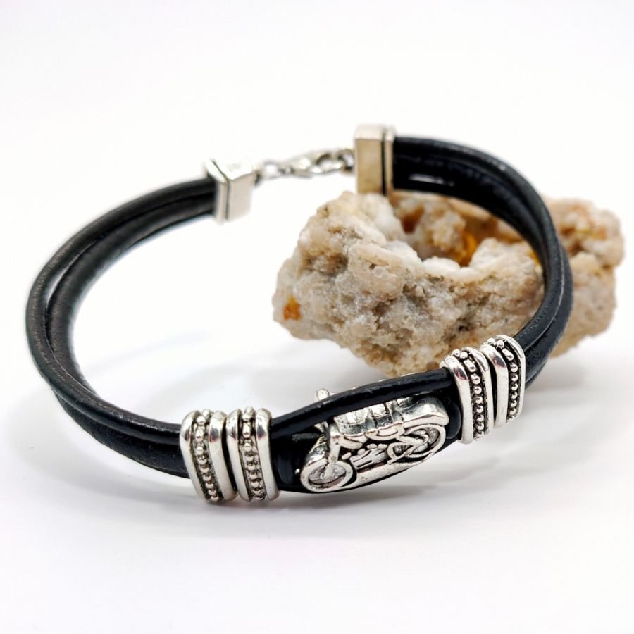 Motorcycle bracelet on black leather cords