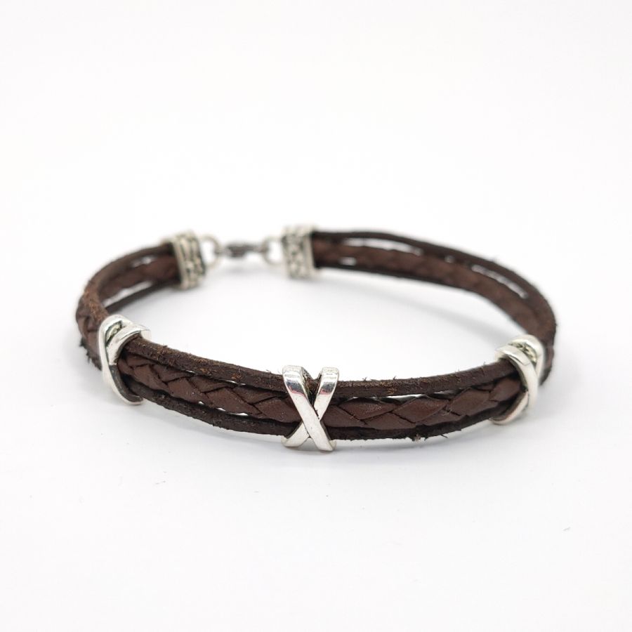 Brown leather multi-rank bracelet for men