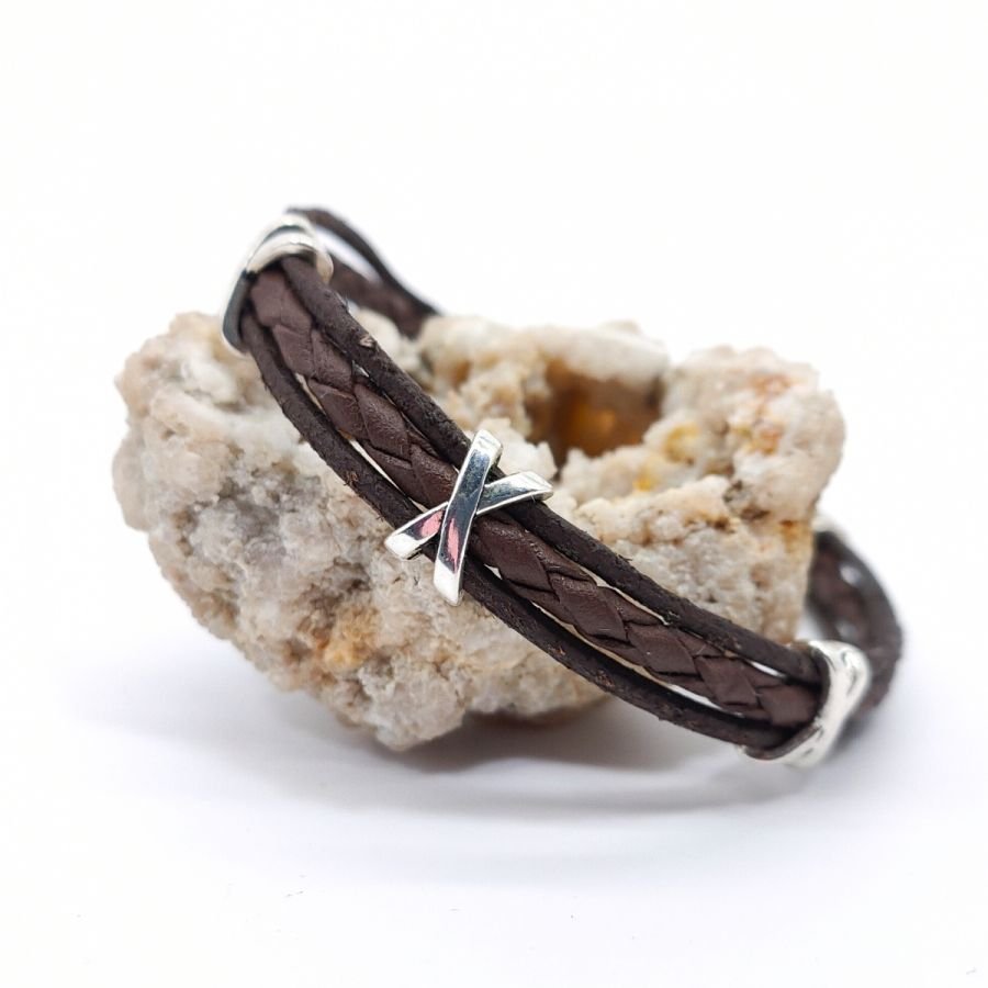 Brown leather multi-rank bracelet for men