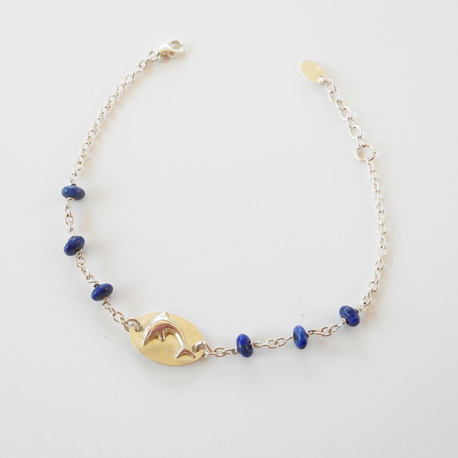 Dolphin medal bracelet with blue stones on 925 silver chain