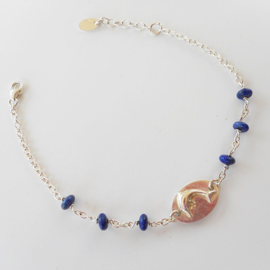 Dolphin medal bracelet with blue stones on 925 silver chain