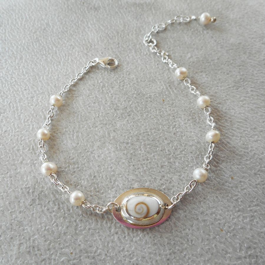 Cultured pearl bracelet and St Lucia eye medal on 925 silver chain