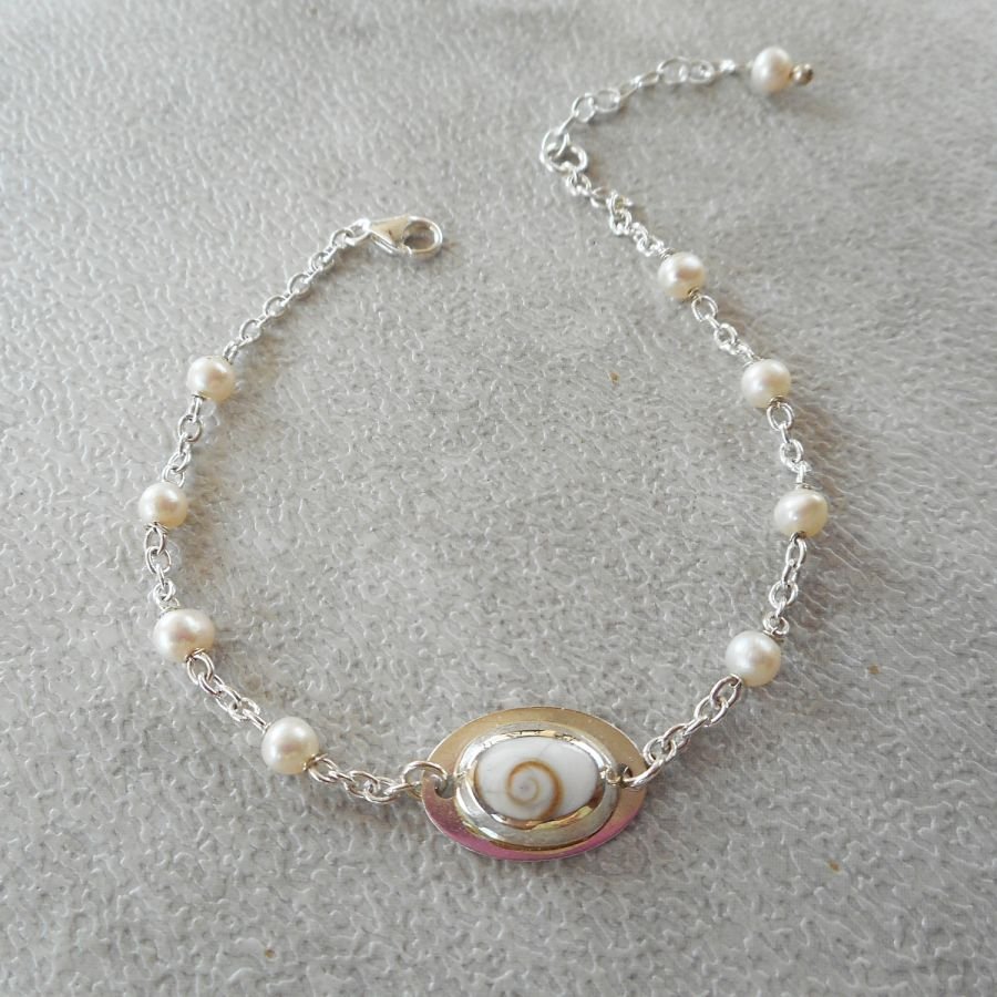 Cultured pearl bracelet and St Lucia eye medal on 925 silver chain