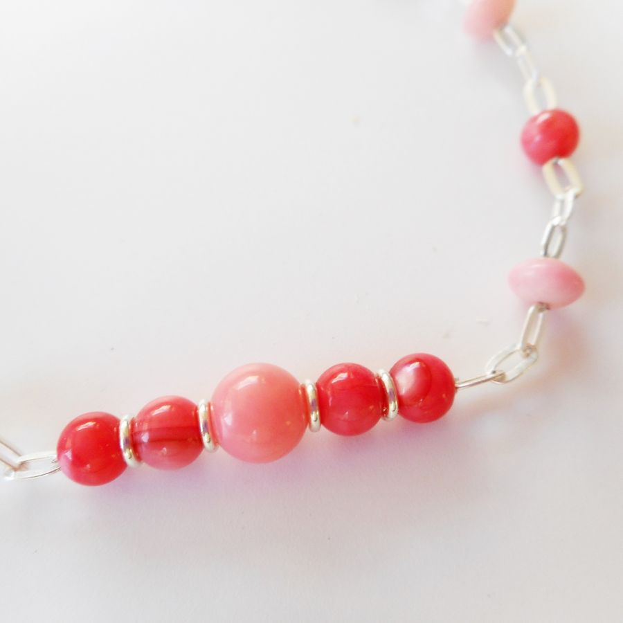 Coral and red gorgonian beads bracelet on 925 silver chain