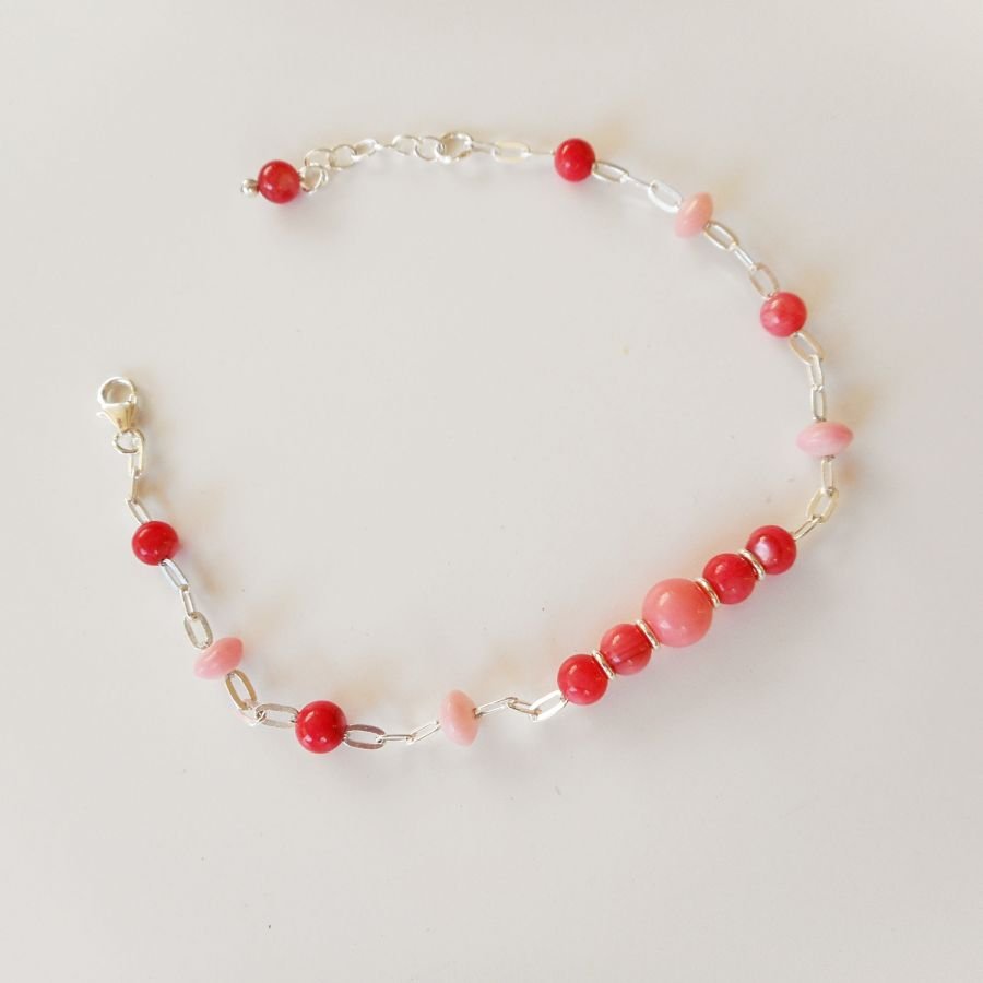 Coral and red gorgonian beads bracelet on 925 silver chain