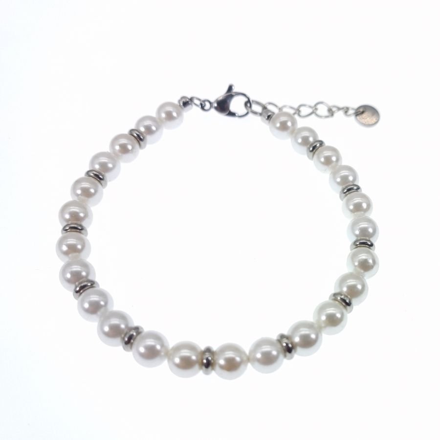 White cultured pearl and stainless steel bracelet