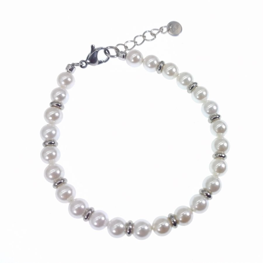 White cultured pearl and stainless steel bracelet