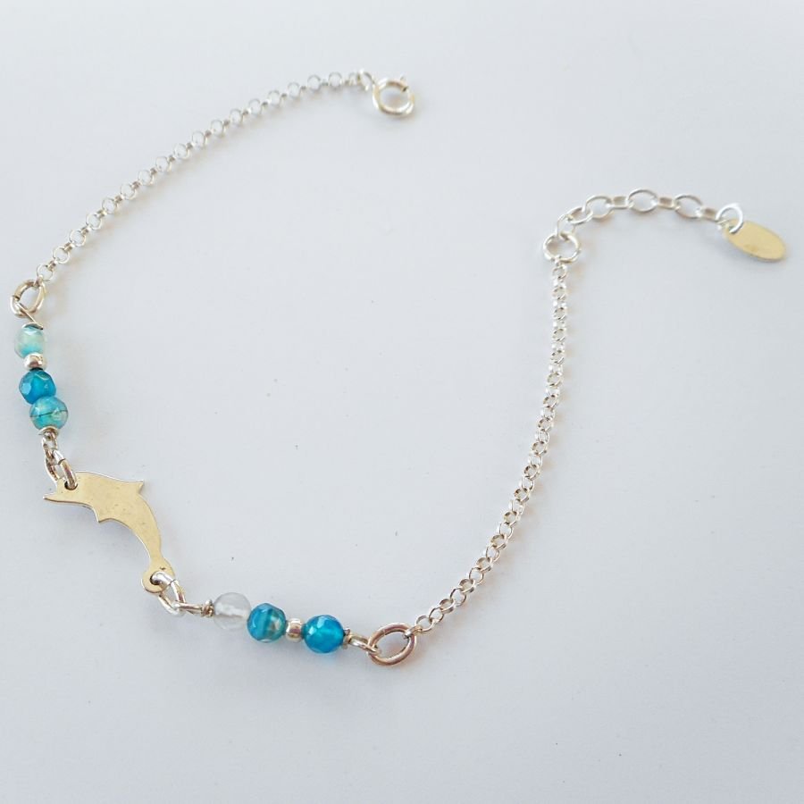 Small blue agate stones bracelet with dolphin on 925 silver chain