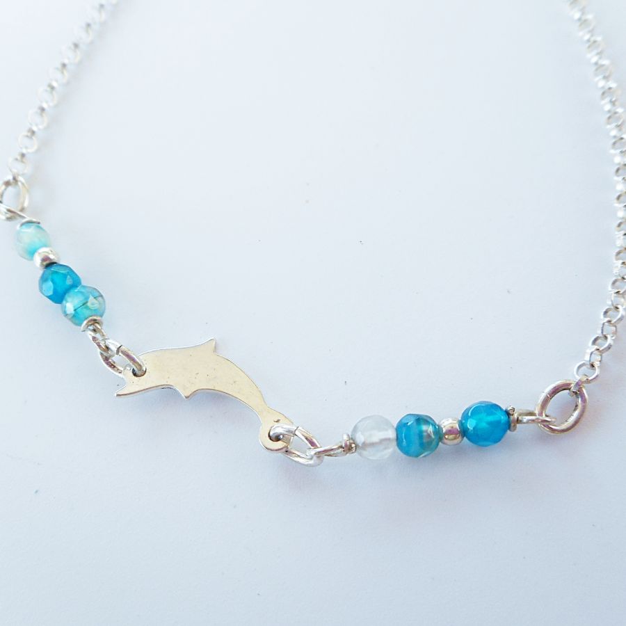 Small blue agate stones bracelet with dolphin on 925 silver chain