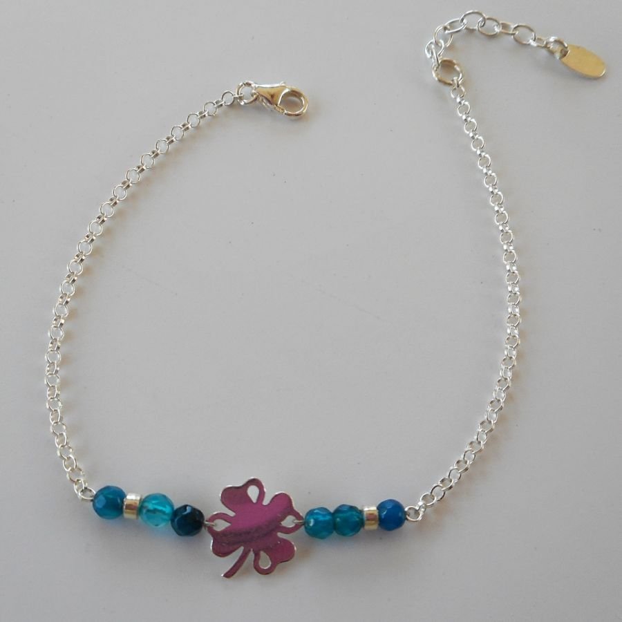 Small blue agate stones bracelet with clover on 925 silver chain